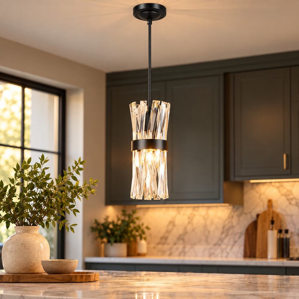 Modern Black Crystal Pendant Light Adjustable Island Kitchen Fixture